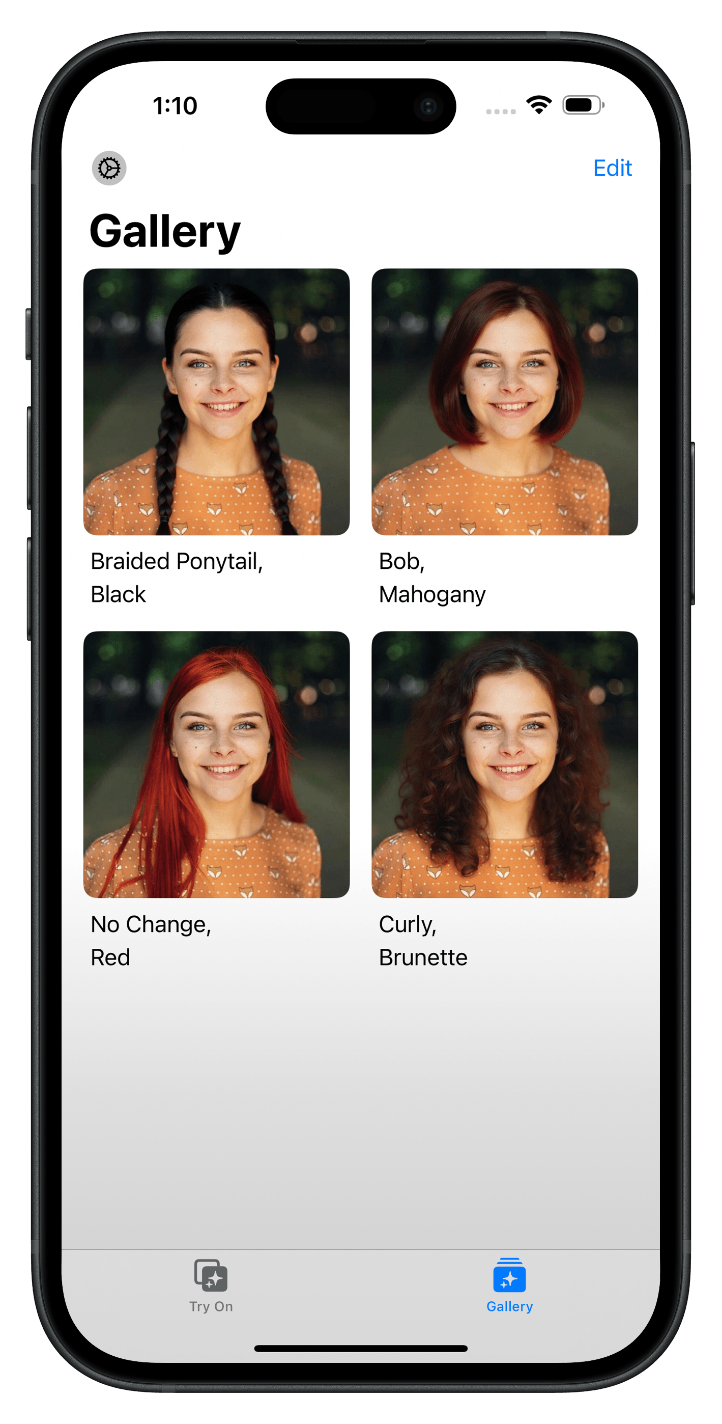 Mobile app interface for virtual hair color try-on